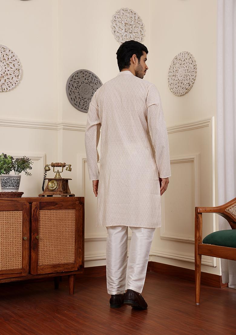 White Woven Silk Kurta Set For Men