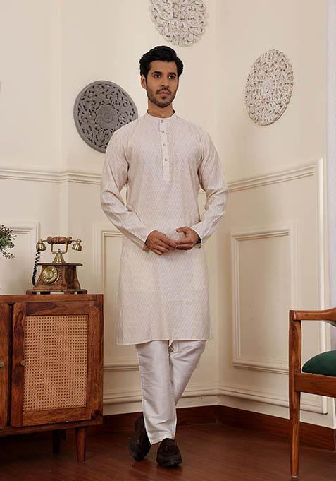 White Woven Silk Kurta Set For Men
