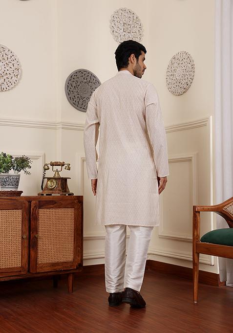 White Woven Silk Kurta Set For Men