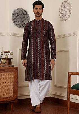 Multicolor Woven Silk Kurta Set For Men