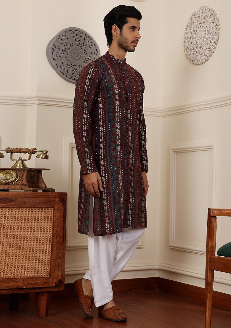 Multicolor Woven Silk Kurta Set For Men