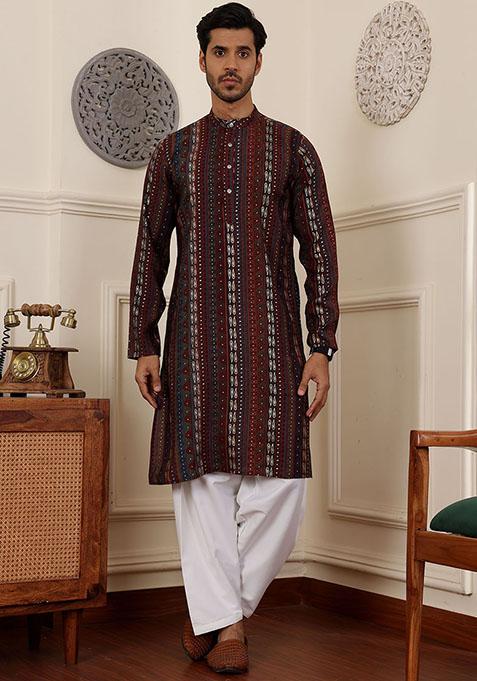 Multicolor Woven Silk Kurta Set For Men
