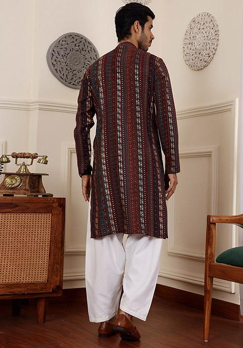 Multicolor Woven Silk Kurta Set For Men