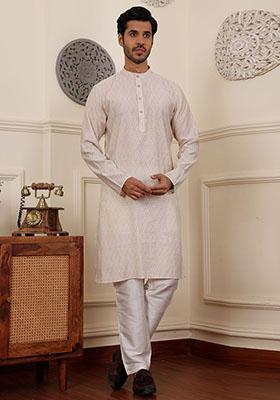 White Woven Silk Kurta Set For Men