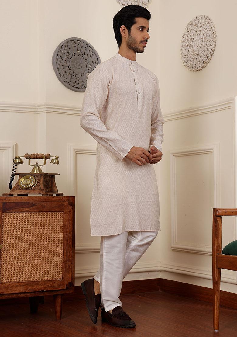 White Woven Silk Kurta Set For Men