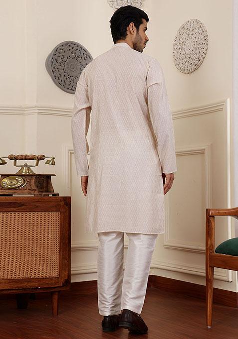 White Woven Silk Kurta Set For Men
