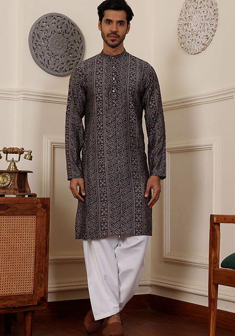Blue Woven Silk Kurta Set For Men