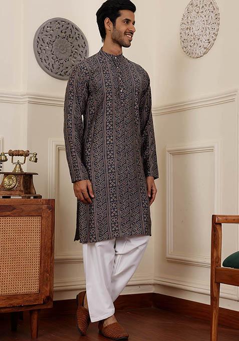 Blue Woven Silk Kurta Set For Men