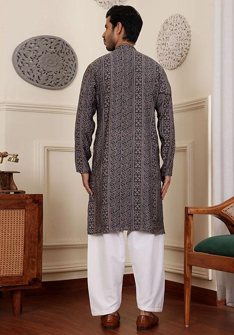 Blue Woven Silk Kurta Set For Men