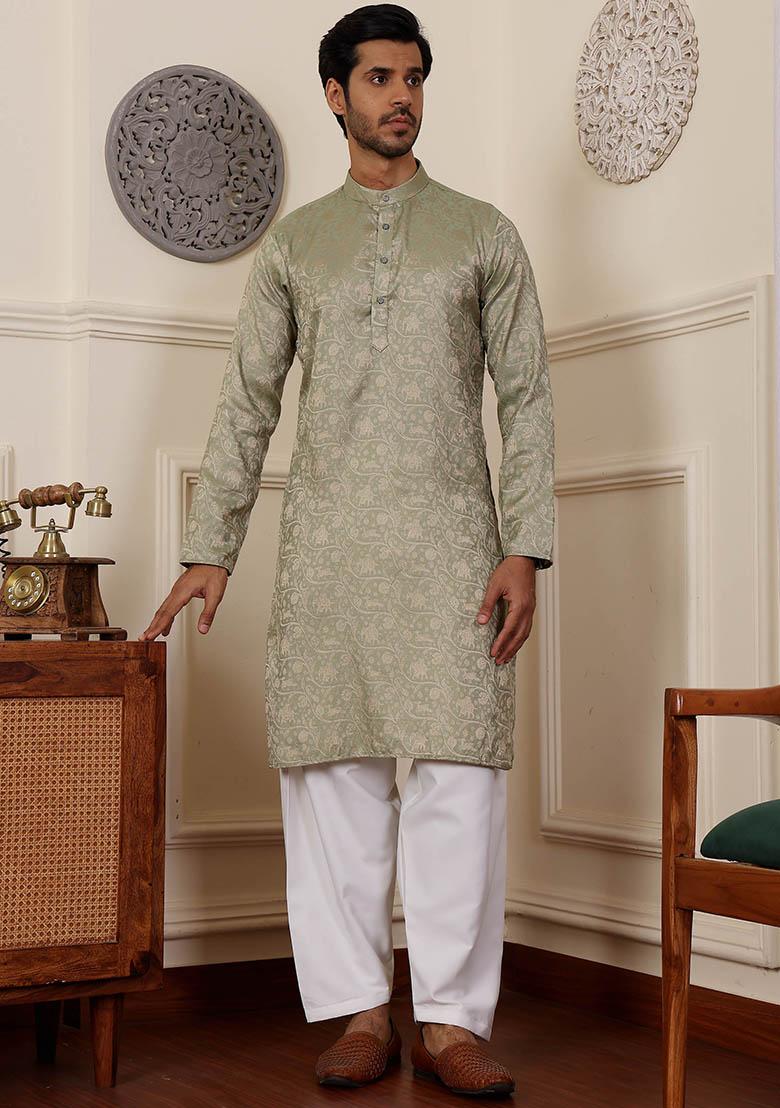 Green Woven Viscose Kurta Set For Men