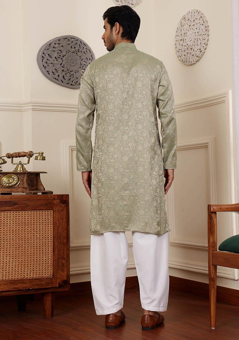 Green Woven Viscose Kurta Set For Men