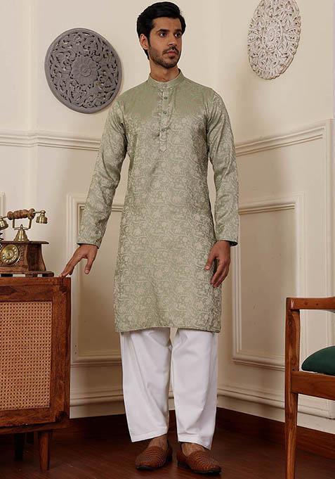 Green Woven Viscose Kurta Set For Men