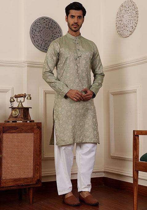 Green Woven Viscose Kurta Set For Men