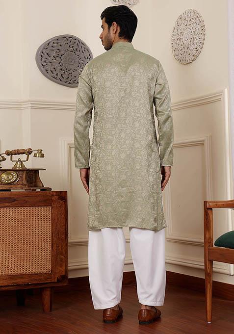 Green Woven Viscose Kurta Set For Men
