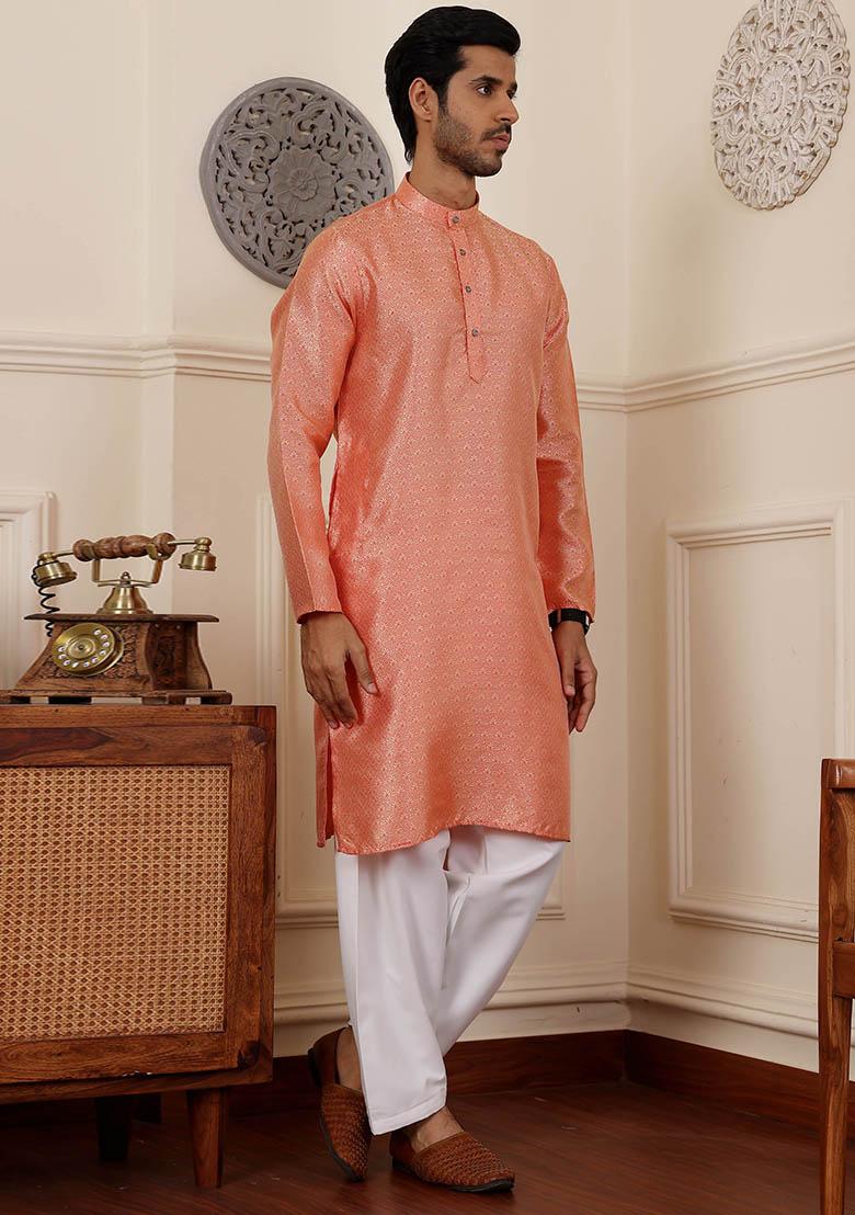 Orange Woven Viscose  Kurta Set For Men