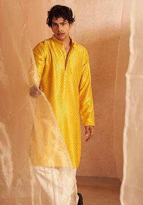 Yellow Embroidered viscose Kurta Set For Men