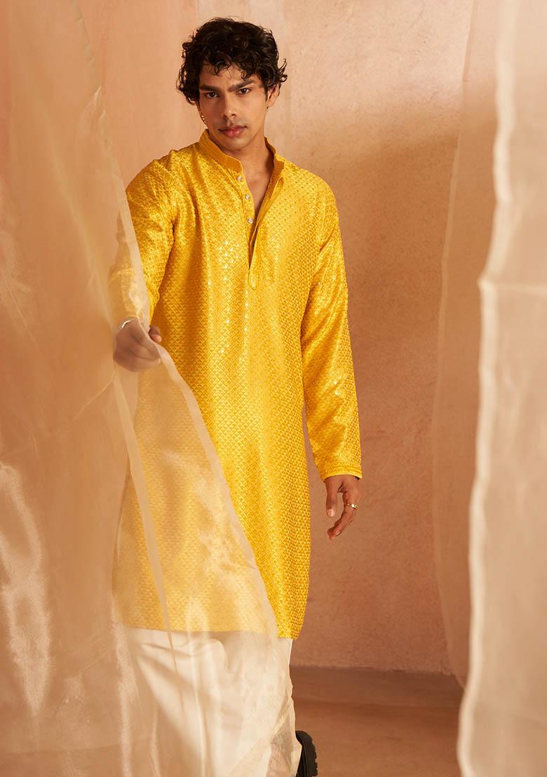 Yellow Embroidered viscose Kurta Set For Men