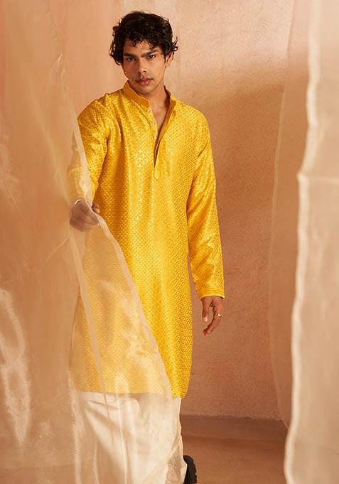 Yellow Embroidered viscose Kurta Set For Men