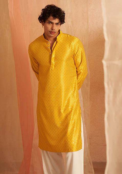 Yellow Embroidered viscose Kurta Set For Men
