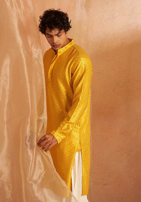 Yellow Embroidered viscose Kurta Set For Men