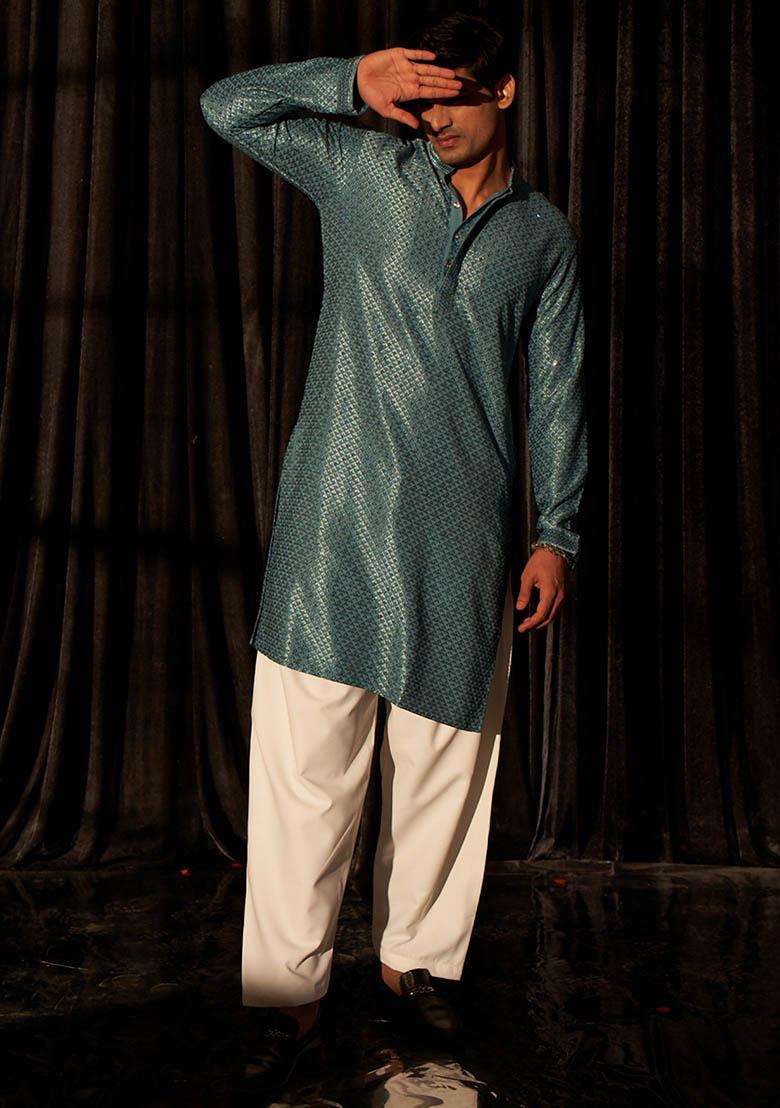 Blue Embroidered viscose Kurta Set For Men