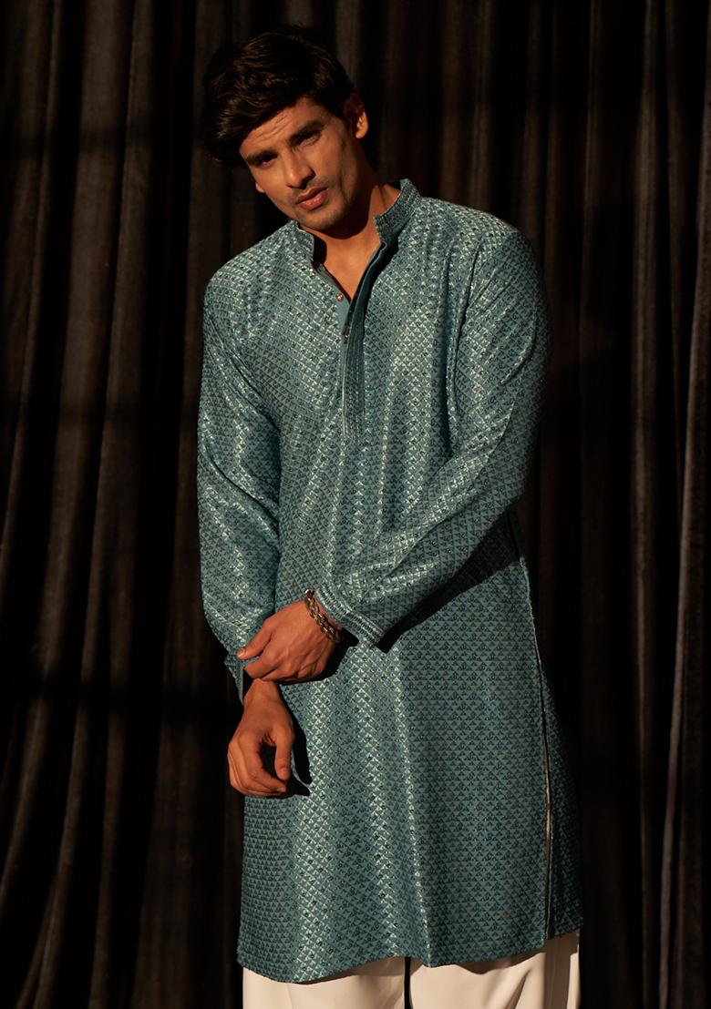 Blue Embroidered viscose Kurta Set For Men