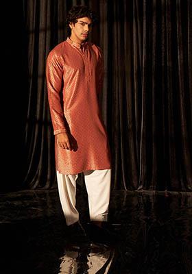 Red Embroidered viscose Kurta Set For Men