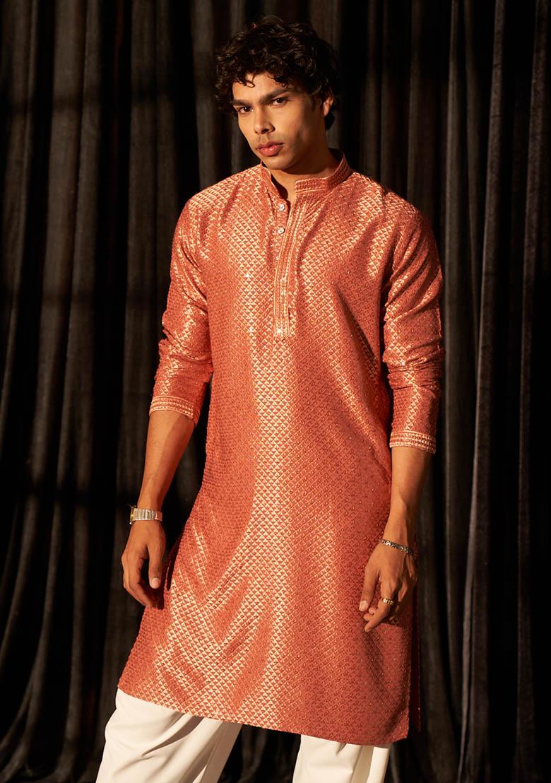 Red Embroidered viscose Kurta Set For Men