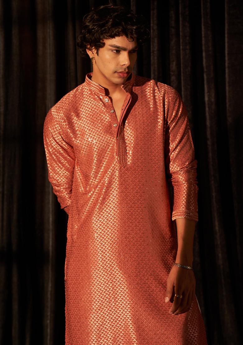 Red Embroidered viscose Kurta Set For Men