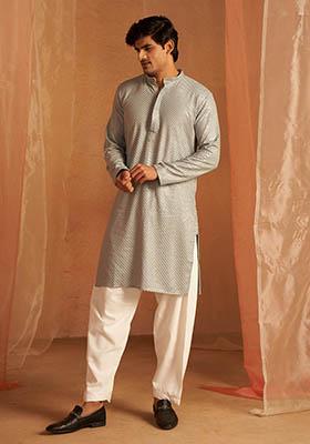 Grey Embroidered viscose Kurta Set For Men