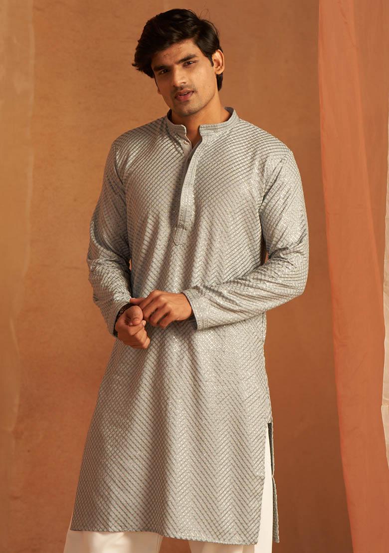 Grey Embroidered viscose Kurta Set For Men