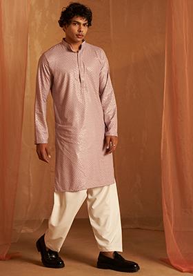 Lavender Embroidered viscose Kurta Set For Men