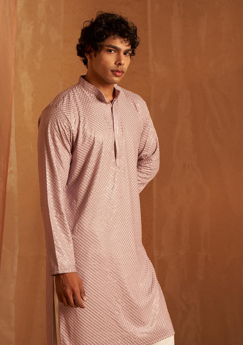 Lavender Embroidered viscose Kurta Set For Men