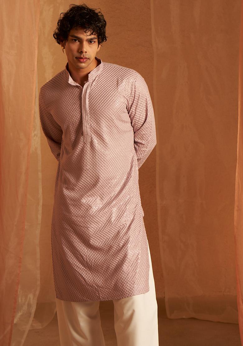 Lavender Embroidered viscose Kurta Set For Men