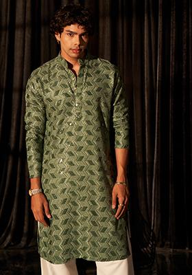 Green Embroidered viscose Kurta Set For Men