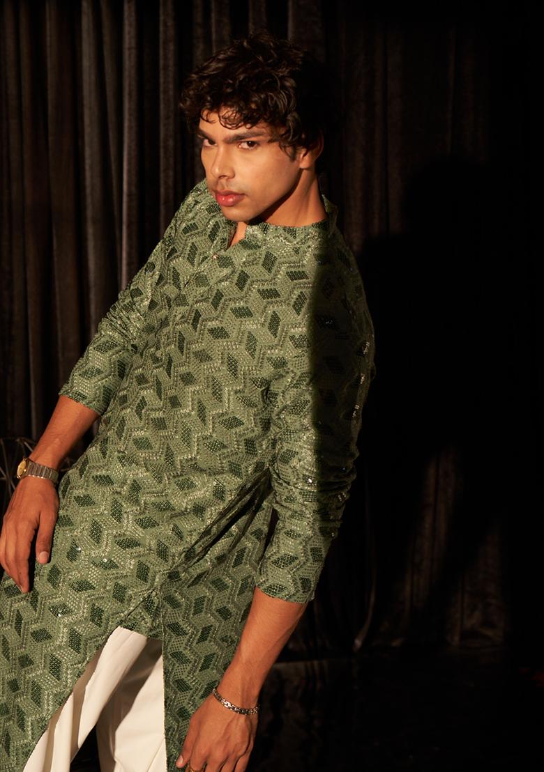Green Embroidered viscose Kurta Set For Men