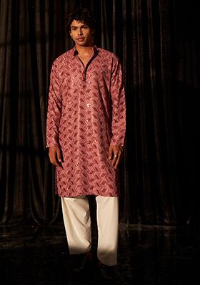 Pink Embroidered viscose Kurta Set For Men