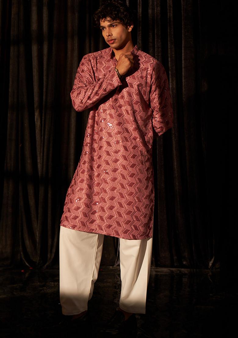 Pink Embroidered viscose Kurta Set For Men
