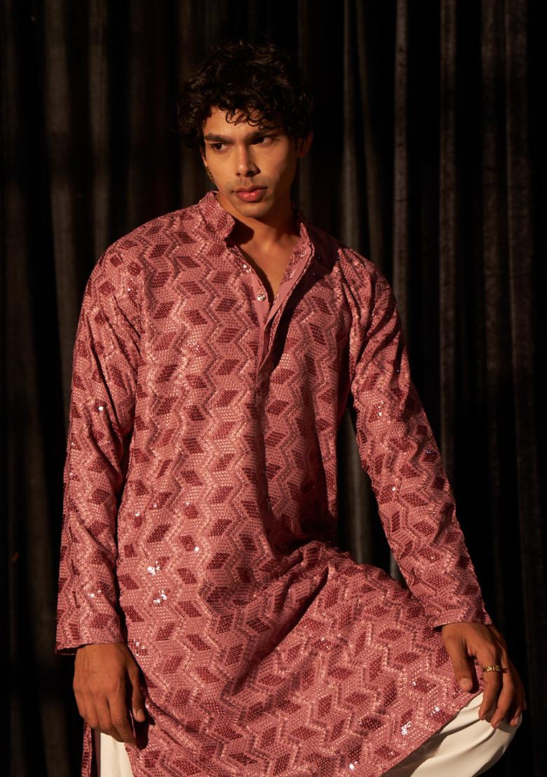 Pink Embroidered viscose Kurta Set For Men