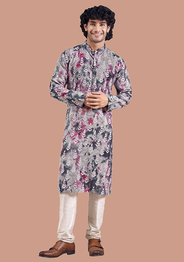 Blue Abstract print viscose Kurta Set For Men - Indya