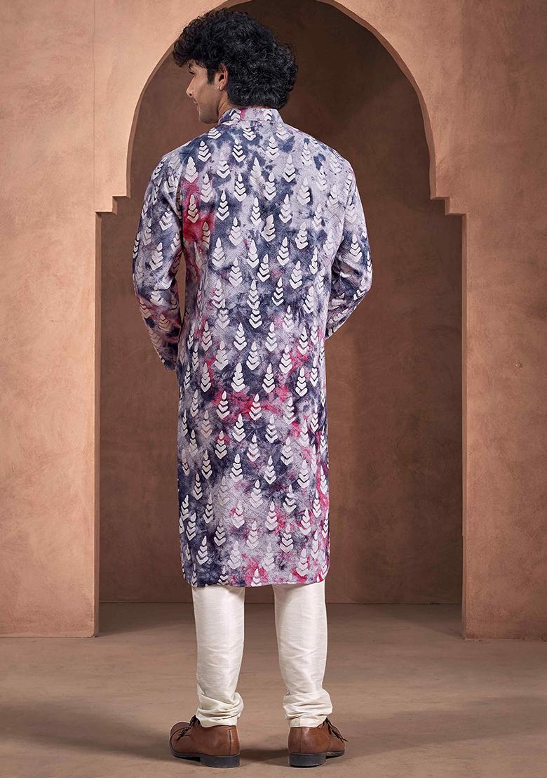Blue Abstract print viscose Kurta Set For Men