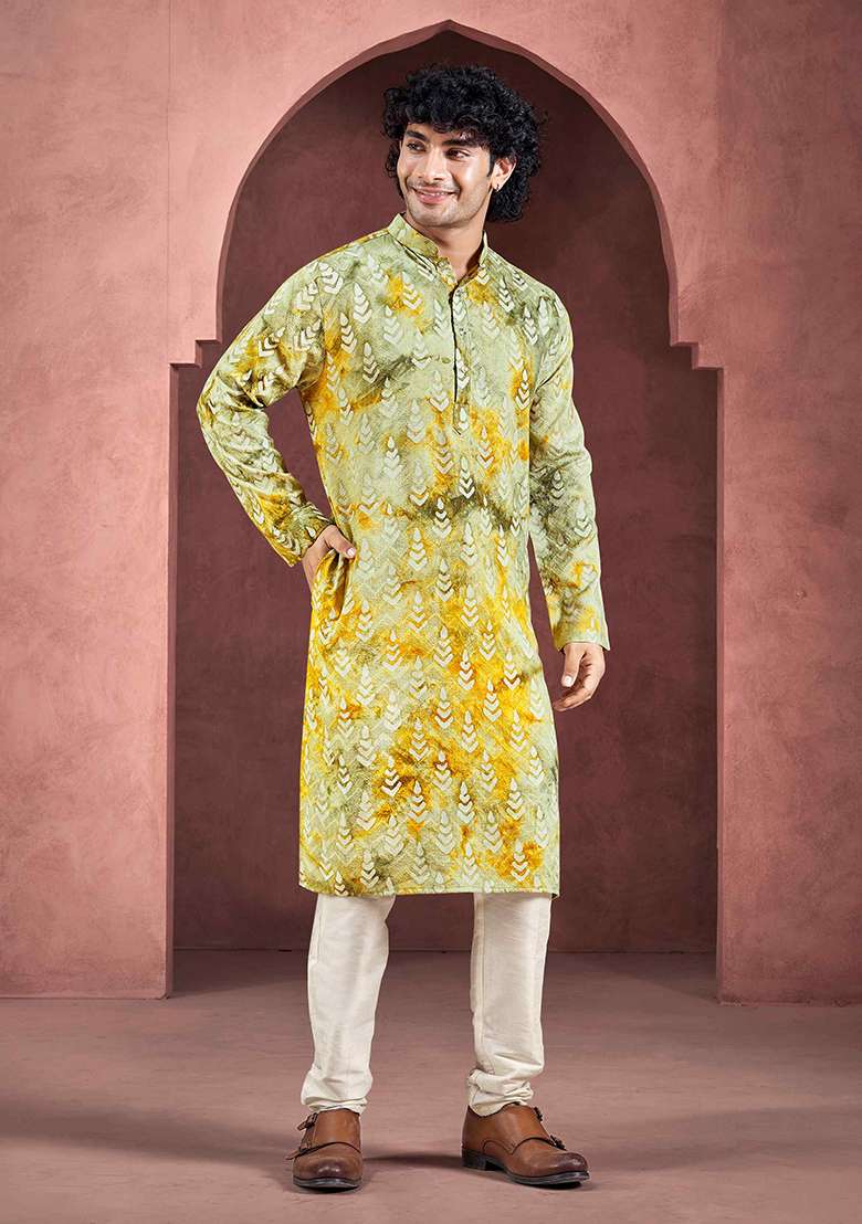 Yellow Abstract print viscose Kurta Set For Men - Indya