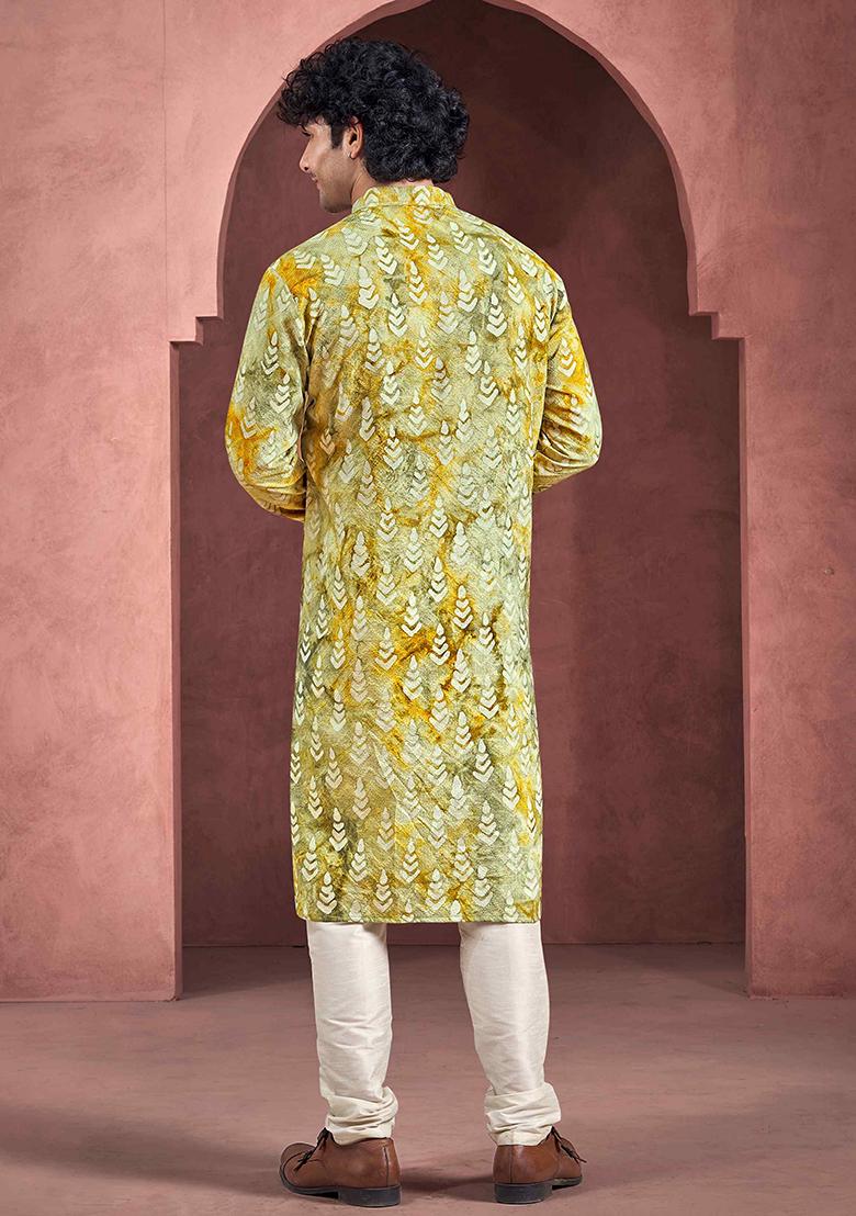 Yellow Abstract print viscose Kurta Set For Men