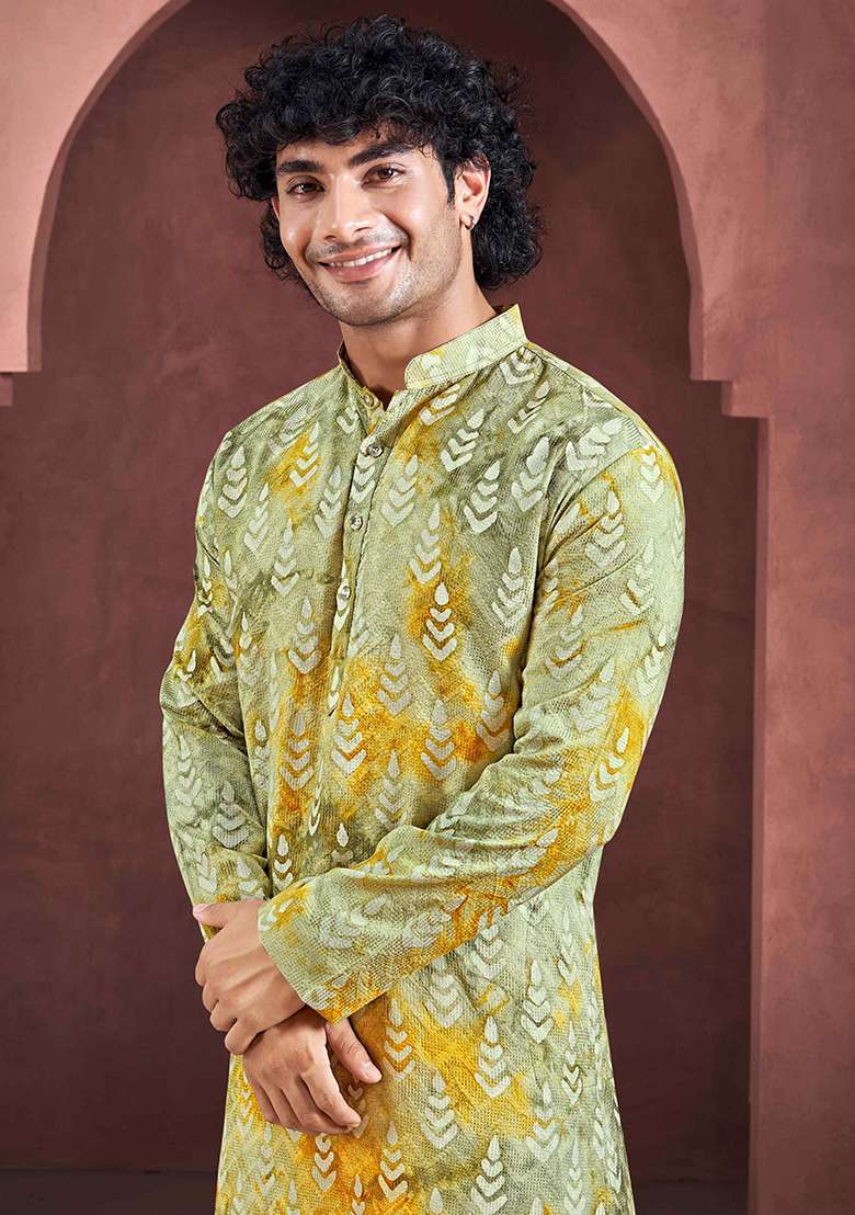 Yellow Abstract print viscose Kurta Set For Men - Indya