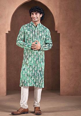 Teal Abstract print viscose Kurta Set For Men