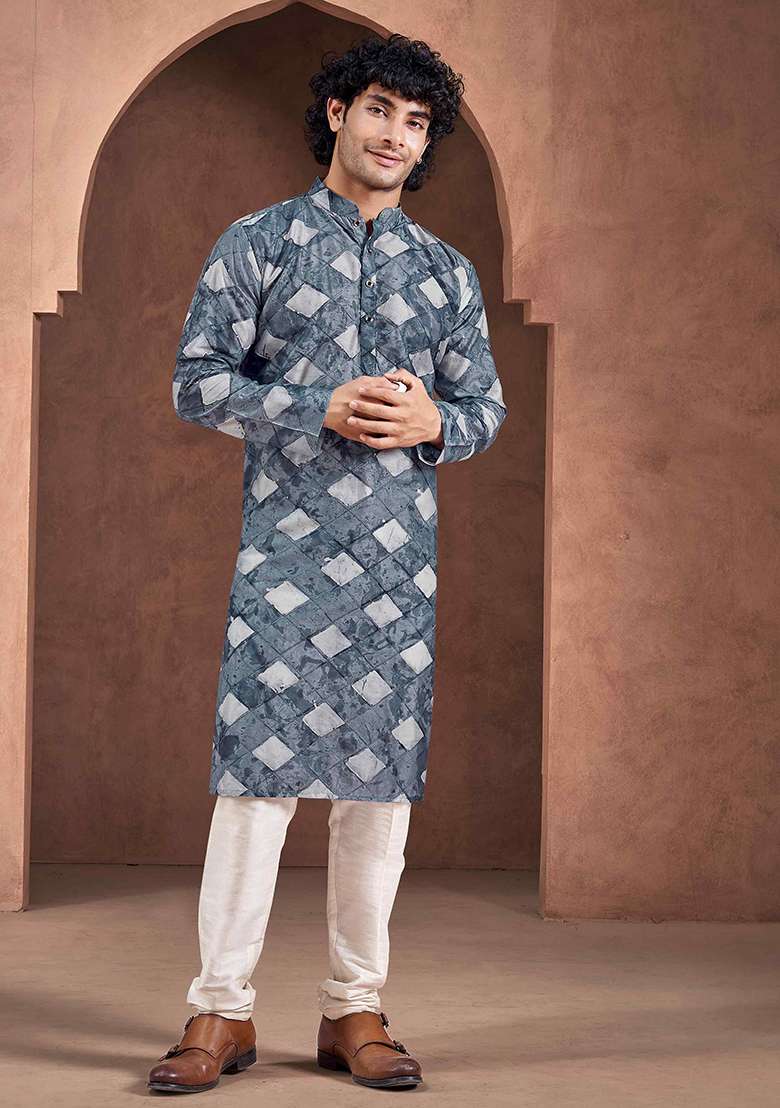 Blue Abstract print viscose Kurta Set For Men - Indya