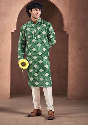 Green Abstract print viscose Kurta Set For Men