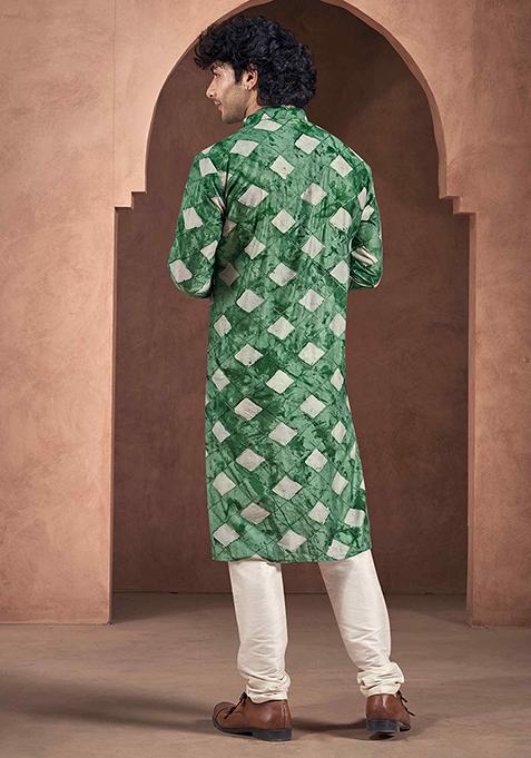 Green Abstract print viscose Kurta Set For Men