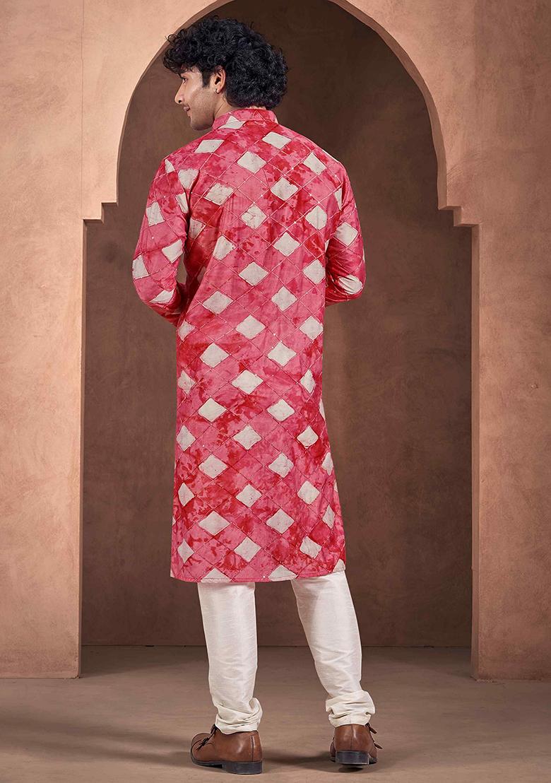 Red Abstract print viscose Kurta Set For Men