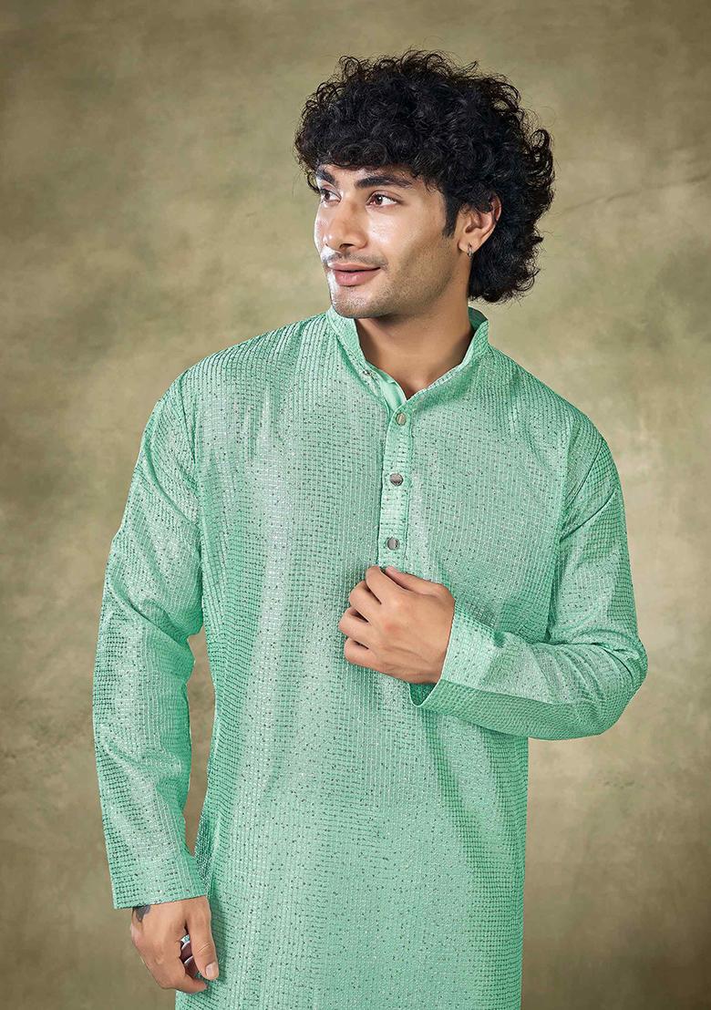 Sea Green Sequin work viscose Kurta Set For Men